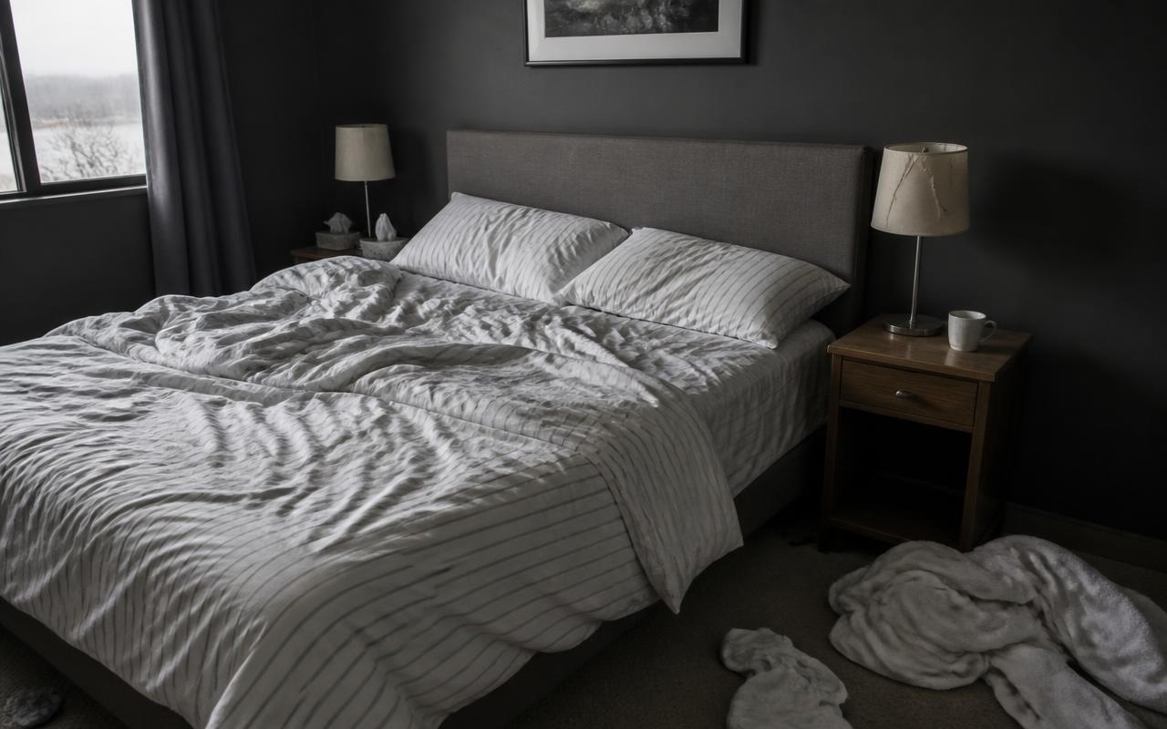 A rental bedroom photographed straight after a guest checked out